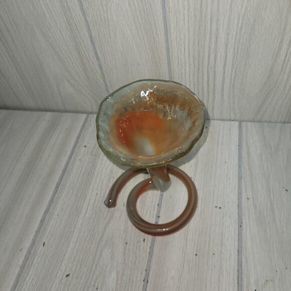 Vtg 70s Elegant Swirl Blown Glass Tulip/Trumpet Vase - Orange Green Art Glass - Picture 7 of 7